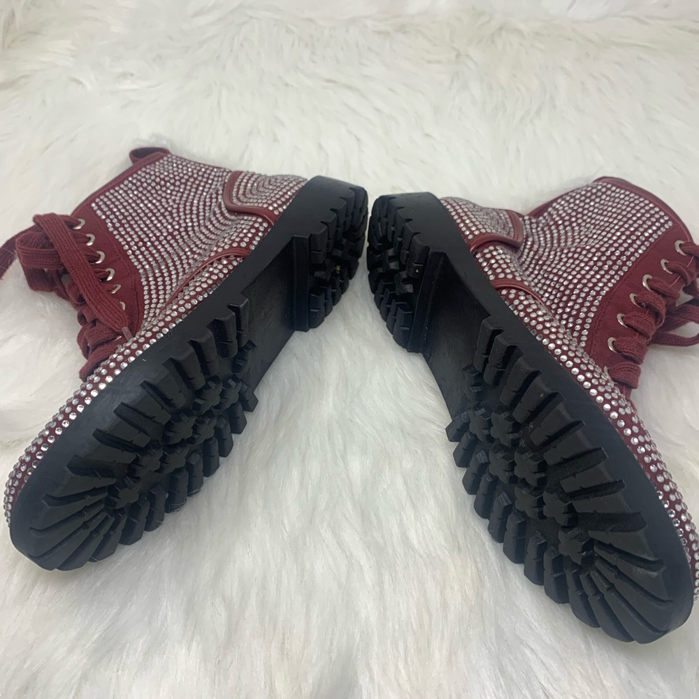 Glaze Rhinestone Burgundy Chunky Combat Moto Style Zip Boots Tag Sz 5.5 Fit Sz 7 - Picture 4 of 7